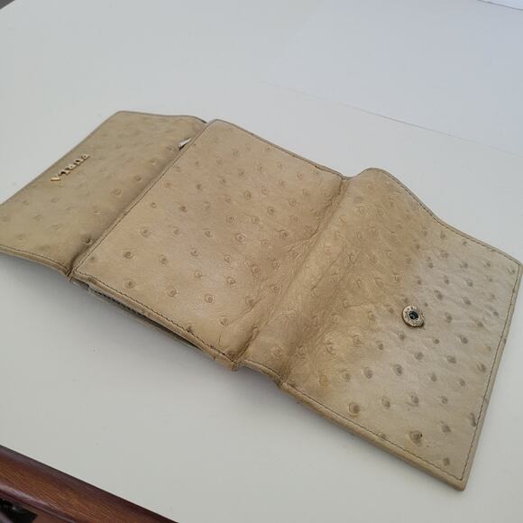 Furla Italian Trifold Wallet Medium Ostrich Leather Gray Designer Compact Logo - Picture 8 of 11